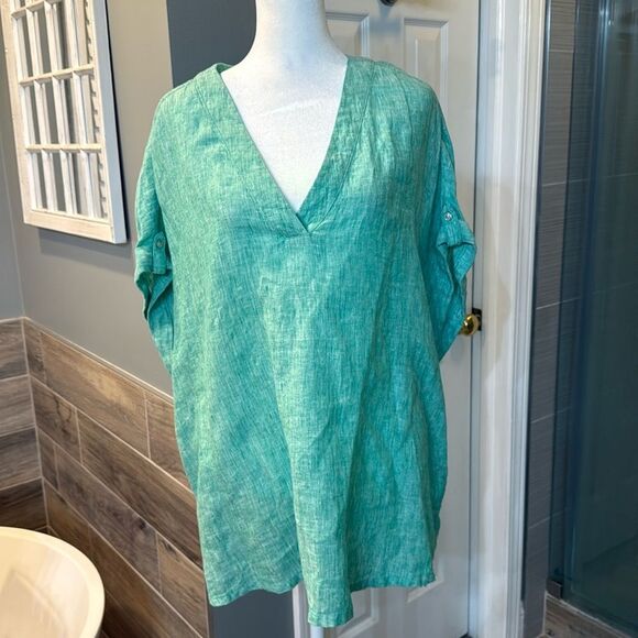 NWT‎ Isaac Mizrahi 100 % Linen Short Sleeve Vneck Shirt Green - Picture 2 of 9